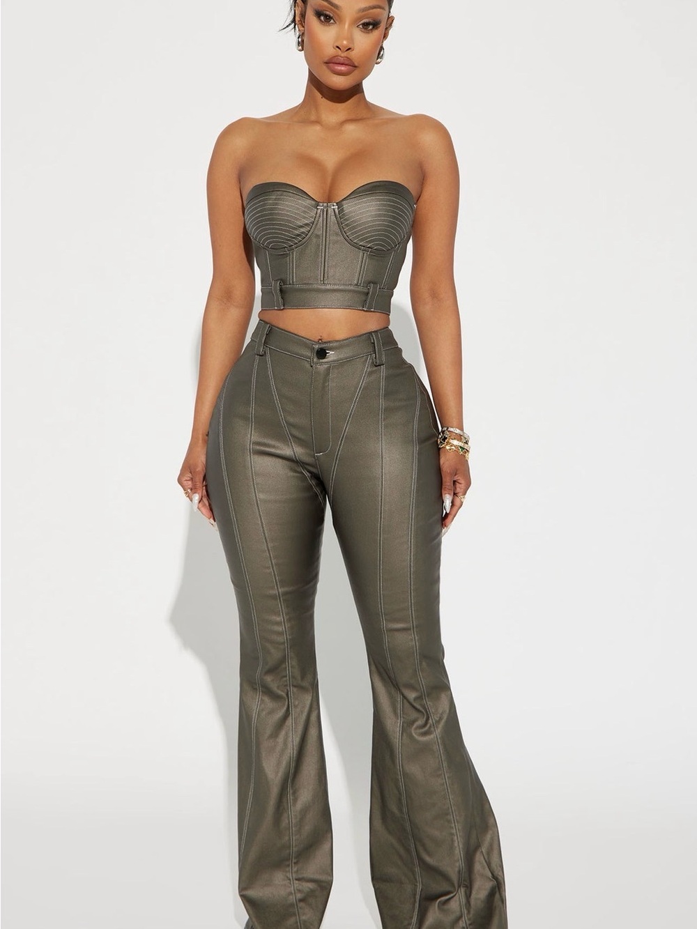 Olive Strapless Corset Crop Top & Flare Pants Set